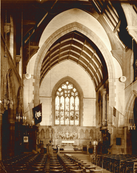 A photo of the nave and chancel of Trinity Church from sometime in the first half of the 20th century.